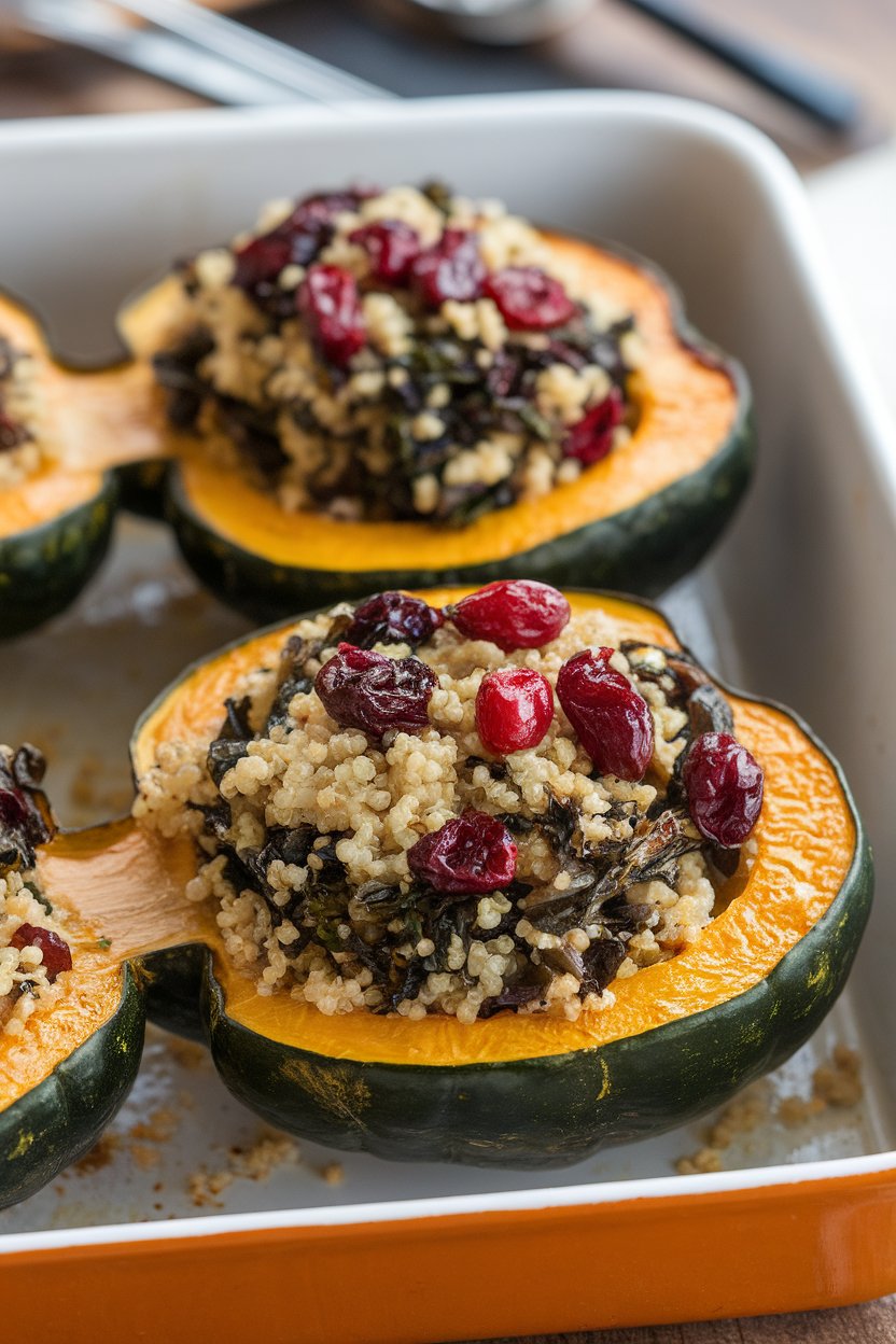 Indoor baking dish showing halved acorn squash filled with quinoa, rainbow chard, and cranberries, tops browned lightly. No logos or text; photo.