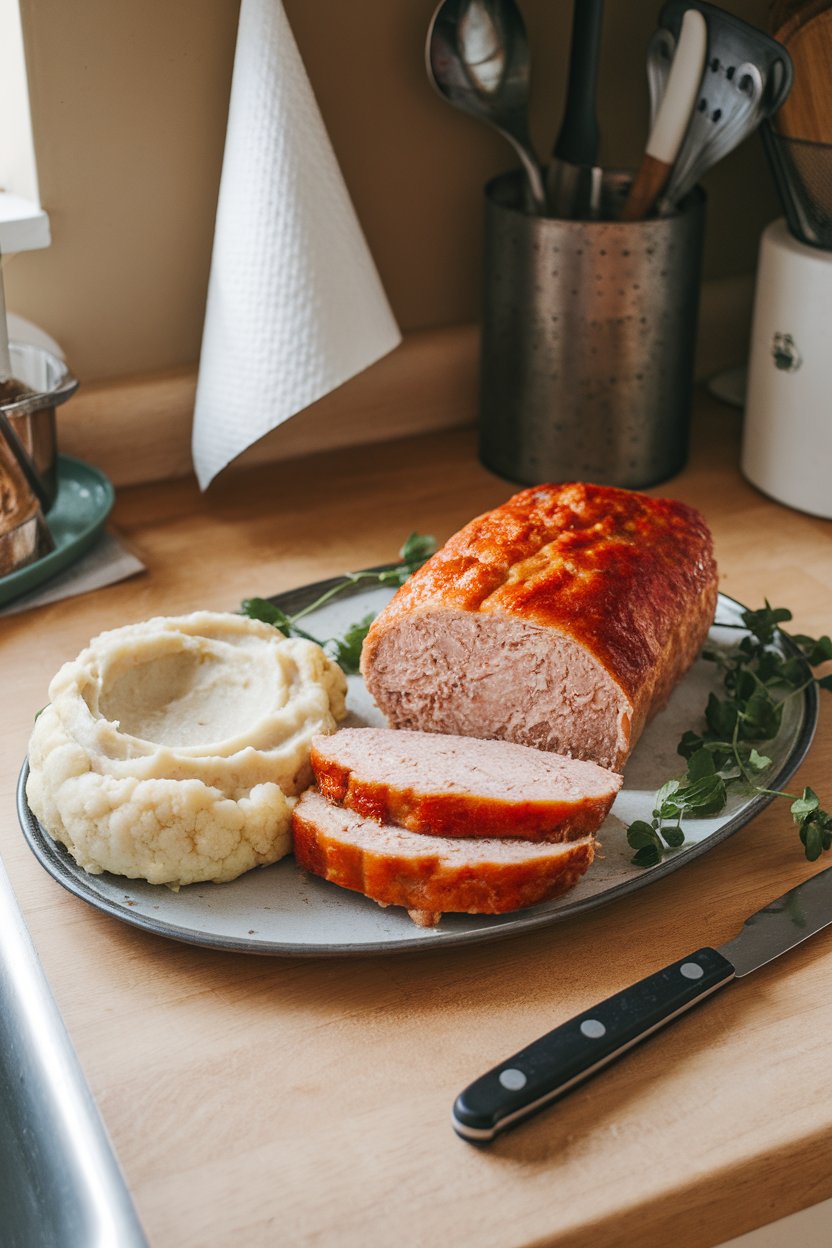 Photo of an indoor kitchen counter showing a lighter turkey meatloaf sliced on a platter with a side of mashed cauliflower. No text or logos visible.