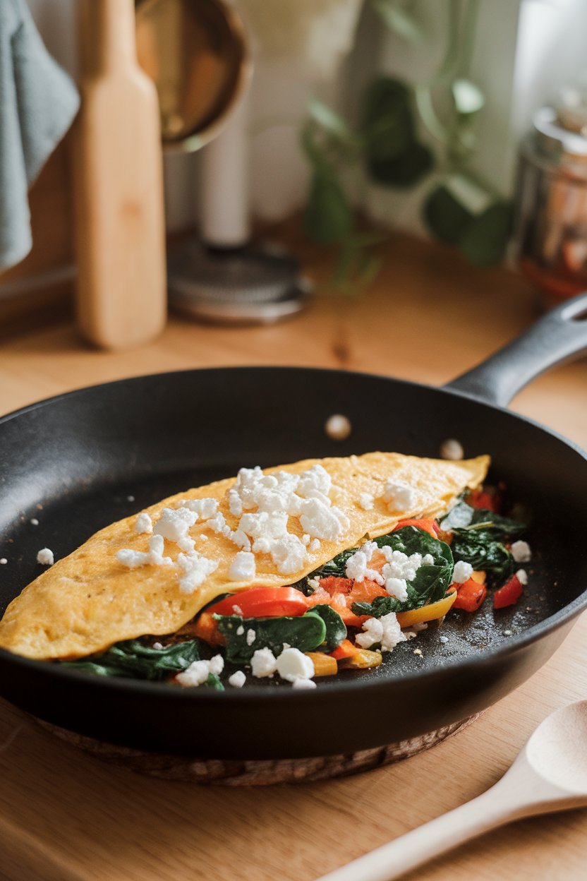 A warmly lit indoor skillet scene featuring a fluffy egg-white omelet folded over sautéed spinach, bell peppers, and crumbled feta; steam visible, no logos.