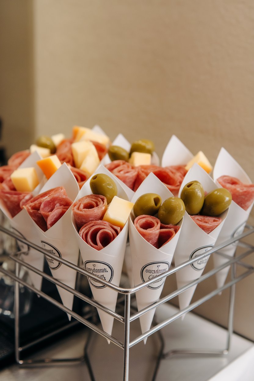 Individual paper cones holding rolled salami, cheese cubes, and olives arranged upright in an indoor stand. No text or logos. Photo.