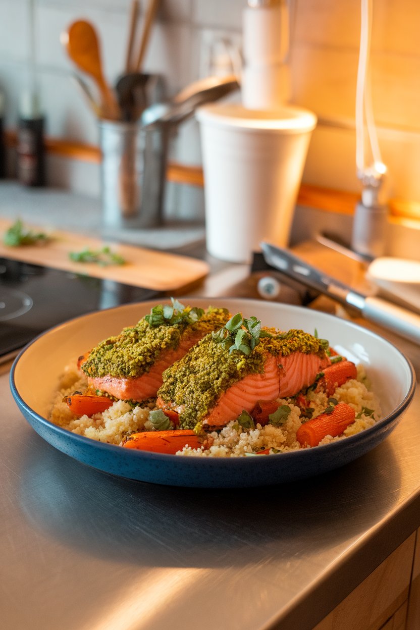 An indoor counter showing salmon fillets coated in vibrant green chermoula, served atop couscous with roasted carrots. No text or brand names in photo.