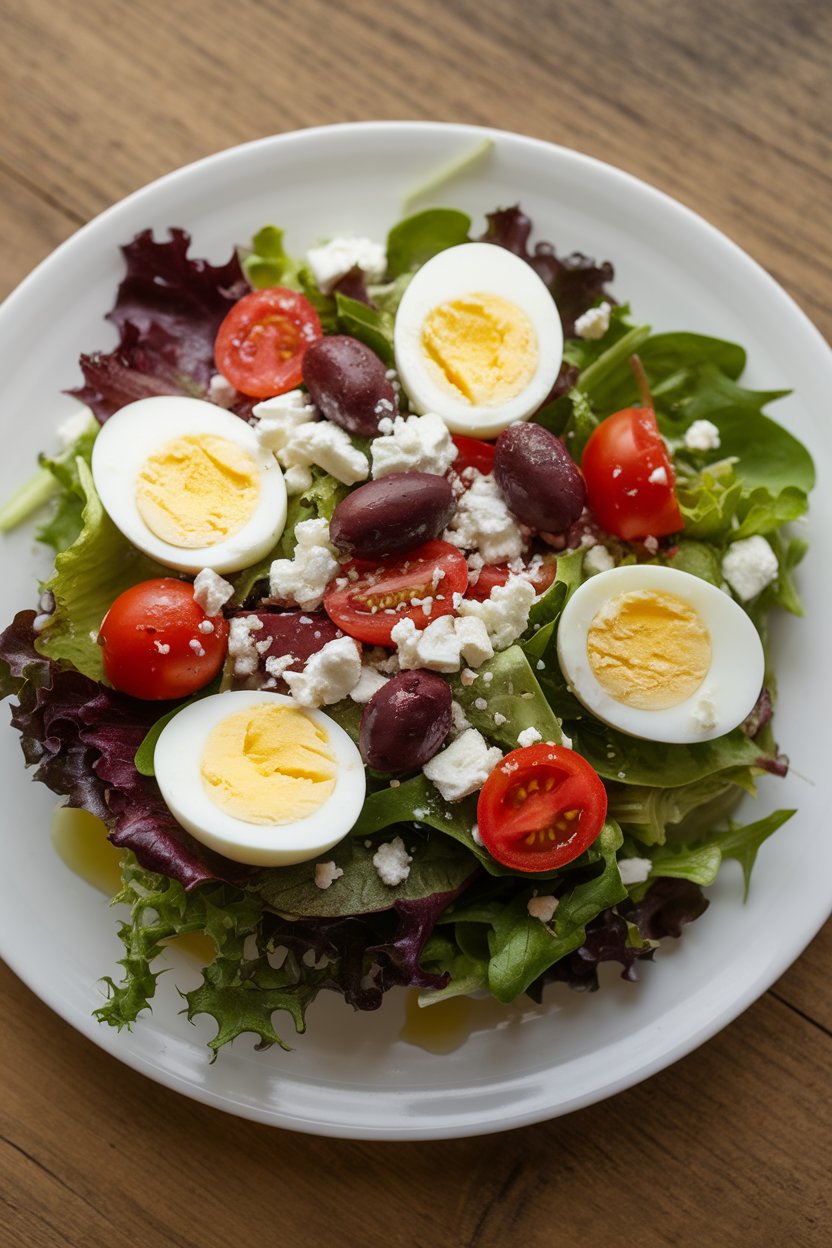Indoor plate of mixed greens topped with boiled egg quarters, cherry tomatoes, olives, and crumbled feta, drizzled lightly with olive oil. No logos or text.
