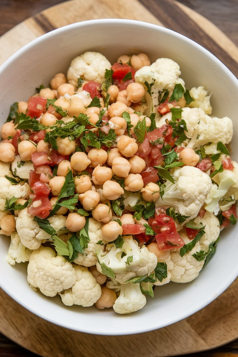 A bowl indoors of cauliflower tabbouleh with chickpeas, parsley, and diced tomatoes; no text or logos, photo only