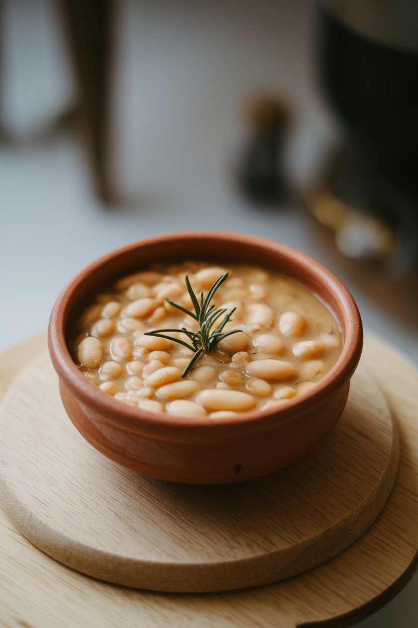 Indoor photo of off-white bean soup garnished with a small rosemary sprig, served in a clay bowl; no text or logos
