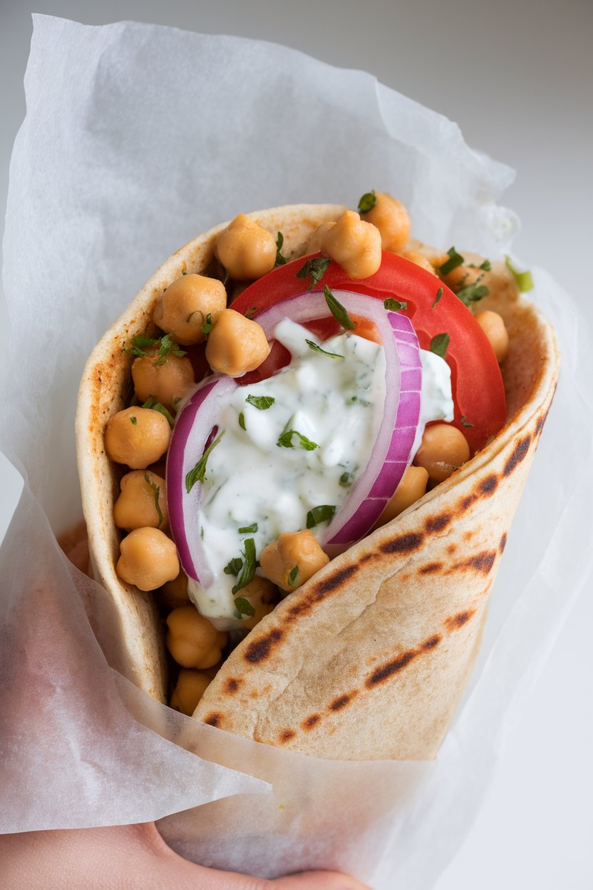 An indoor pita wrap brimming with herb-seasoned chickpeas, tomato, red onion, and vegan tzatziki, held in parchment. No text or logos; photo, not illustration.