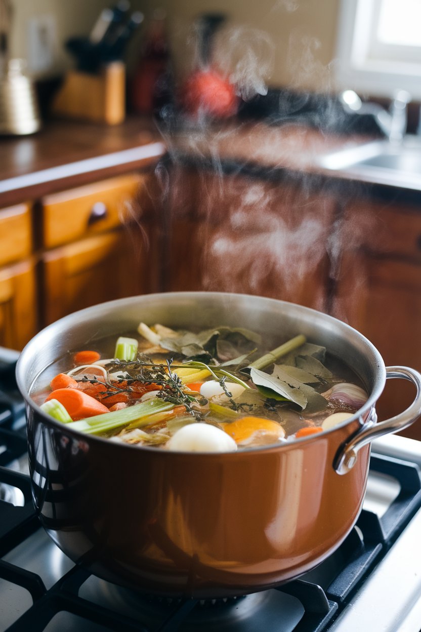 Stockpot on a stovetop simmering vegetable scraps and herbs, steam rising indoors, no identifiable brands.