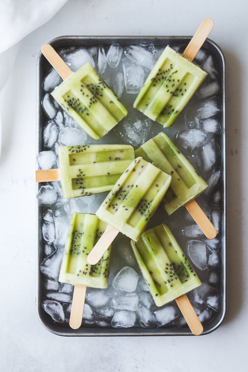 An indoor array of green kiwi popsicles with visible chia seeds, resting on crushed ice in a shallow tray. Photo only; no text or logos.