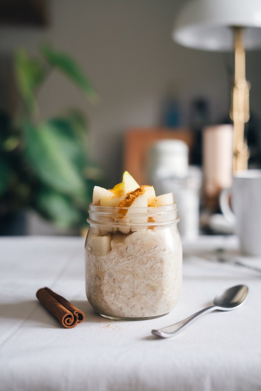Indoor breakfast table view featuring a jar of overnight oats with diced pear, a dusting of ground ginger on top, and a cinnamon stick next to it. No logos. Photo only.