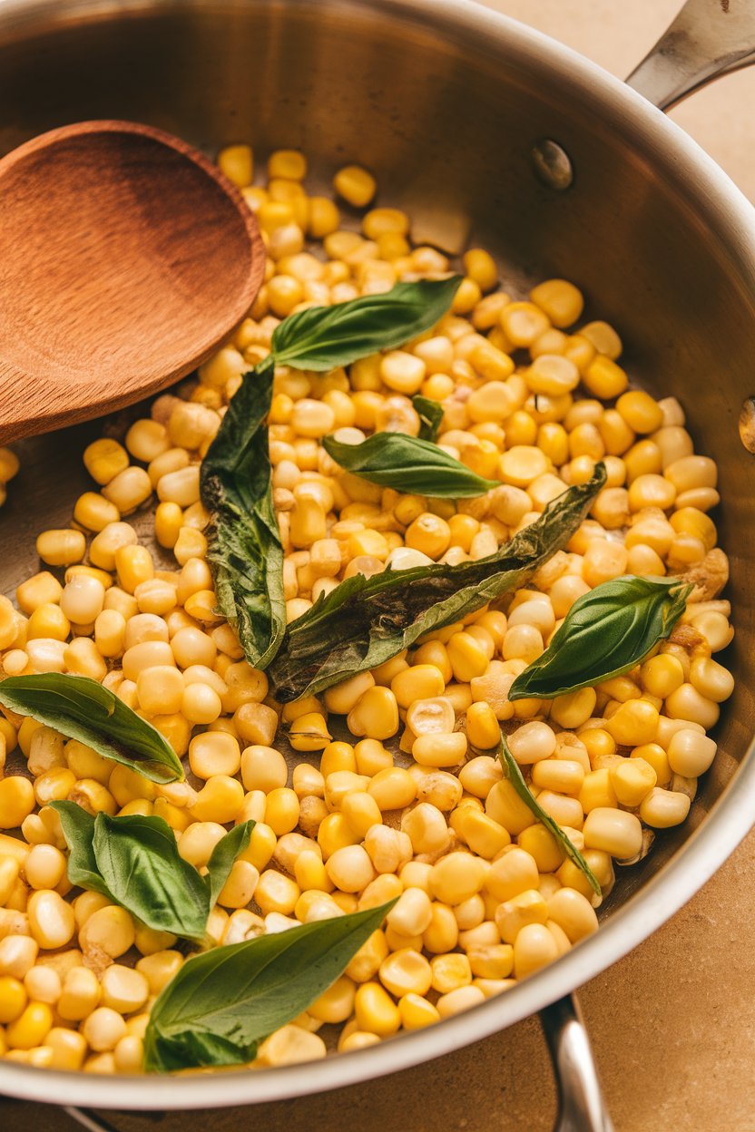 Indoor photo of fresh corn kernels sautéed with basil ribbons in a nonstick skillet, wooden spoon resting nearby. No text or logos; photo.
