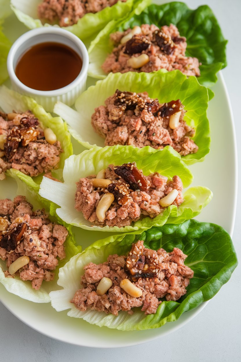 Indoor photo of crisp butter-lettuce leaves filled with ground turkey, water chestnuts, and sesame seeds, small dipping bowl on the side. No text or logos.