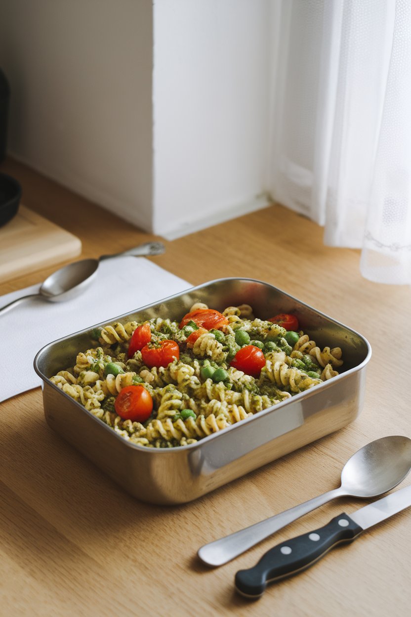 An indoor kitchen table showing a stainless container of whole-wheat pasta tossed in green pesto with peas and cherry tomatoes. Photo, no logos.
