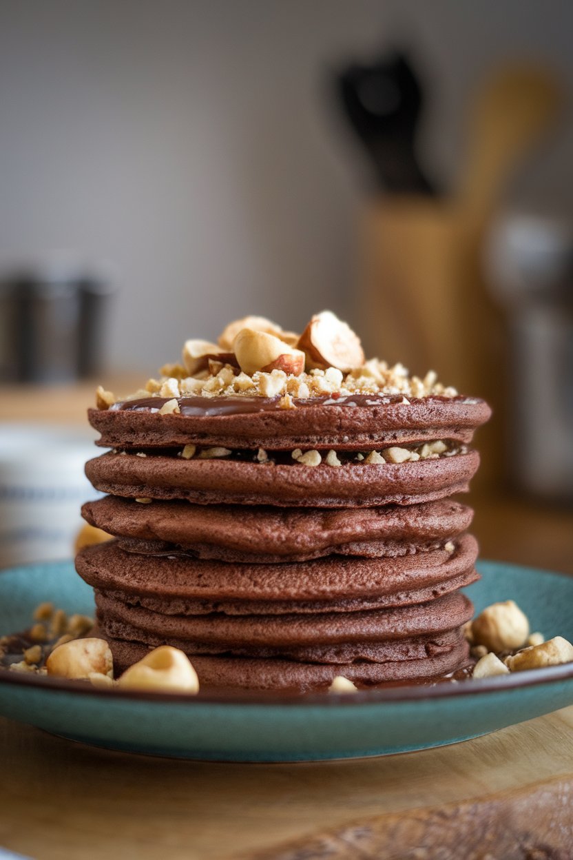 Indoor plate of chocolatey pancakes topped with crushed hazelnuts; no text or logos.