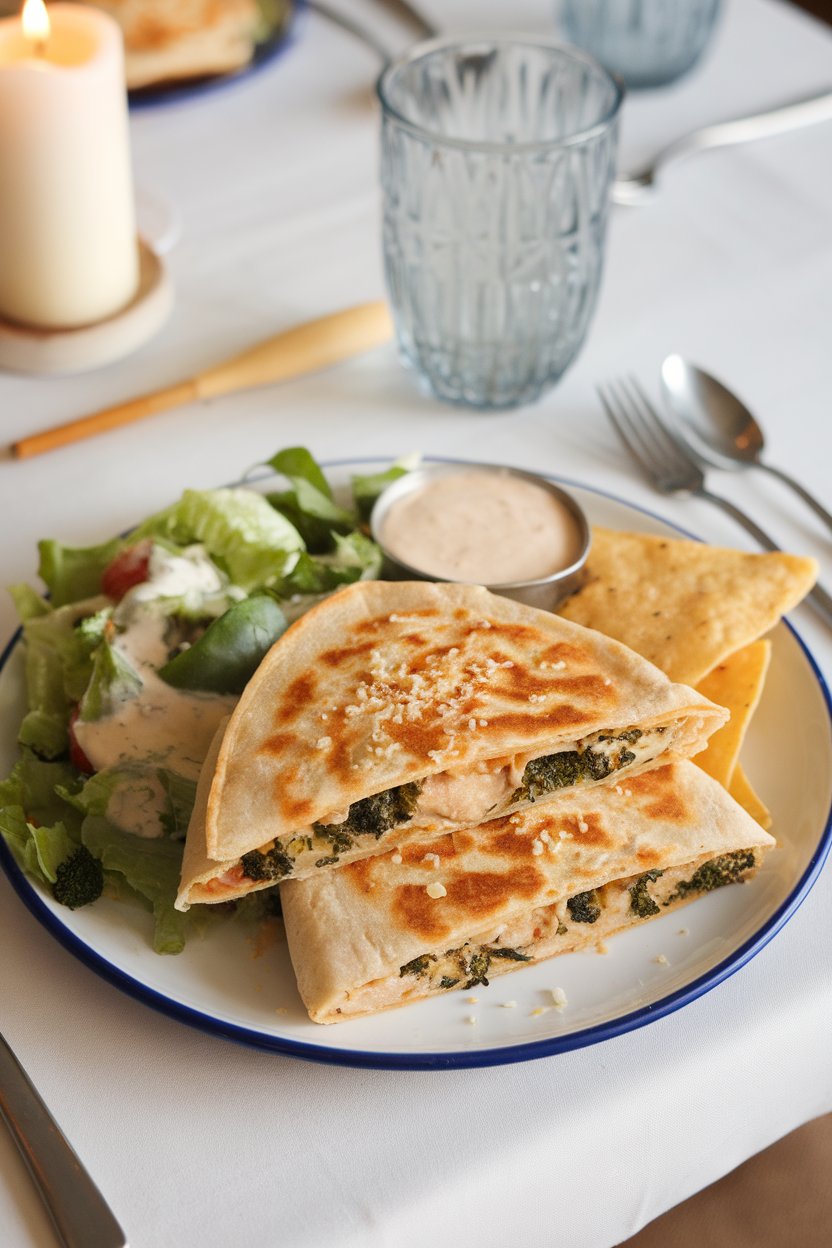 Indoor family dinner plate, chicken and broccoli quesadilla, Parmesan sprinkled on top, photo, no text or logos.