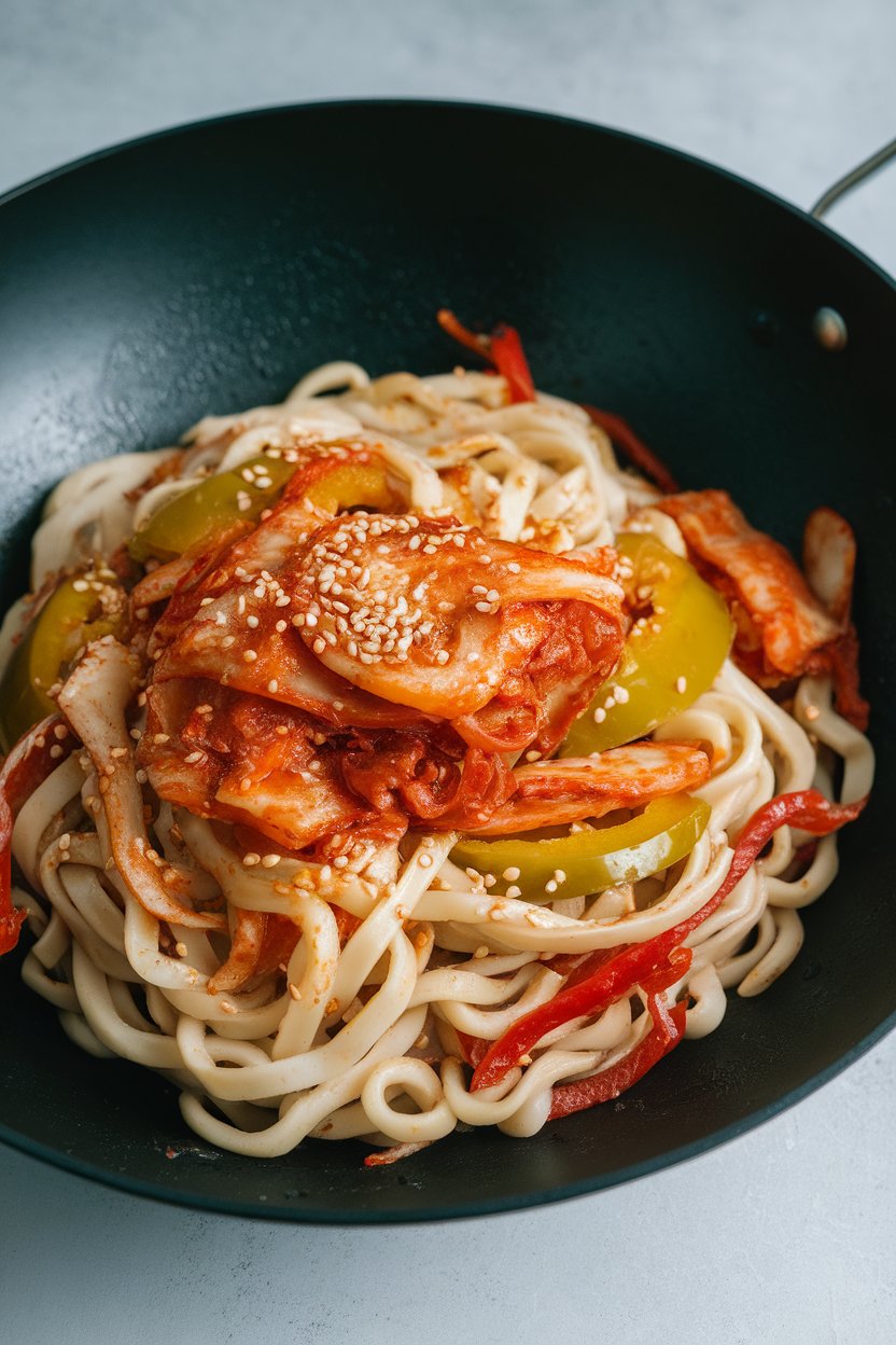 Indoor wok photo of udon noodles tossed with kimchi, sliced bell peppers, and sesame seeds. No text or logos.