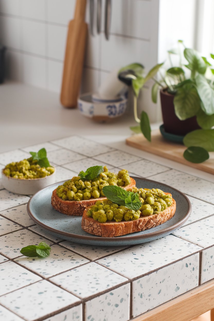 An indoor café-style table with two slices of whole-grain toast spread with bright green smashed peas and garnished with fresh mint leaves. Photo, no logos.