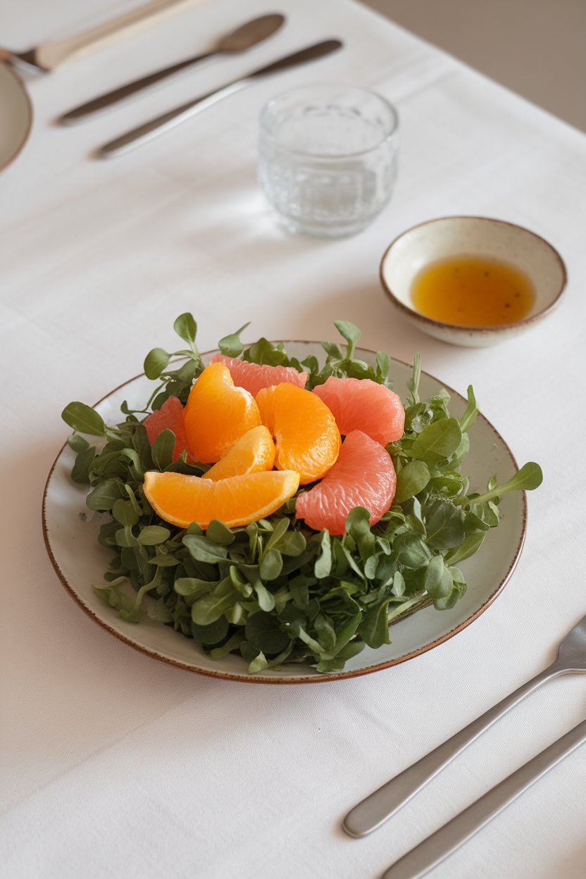 Indoor plate of peppery watercress topped with orange and grapefruit segments, light vinaigrette visible. No text or logos.