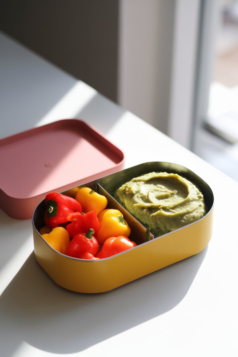 A brightly lit indoor scene with a bento box: one compartment filled with mini bell peppers, another holding smooth guacamole. No text or logos.