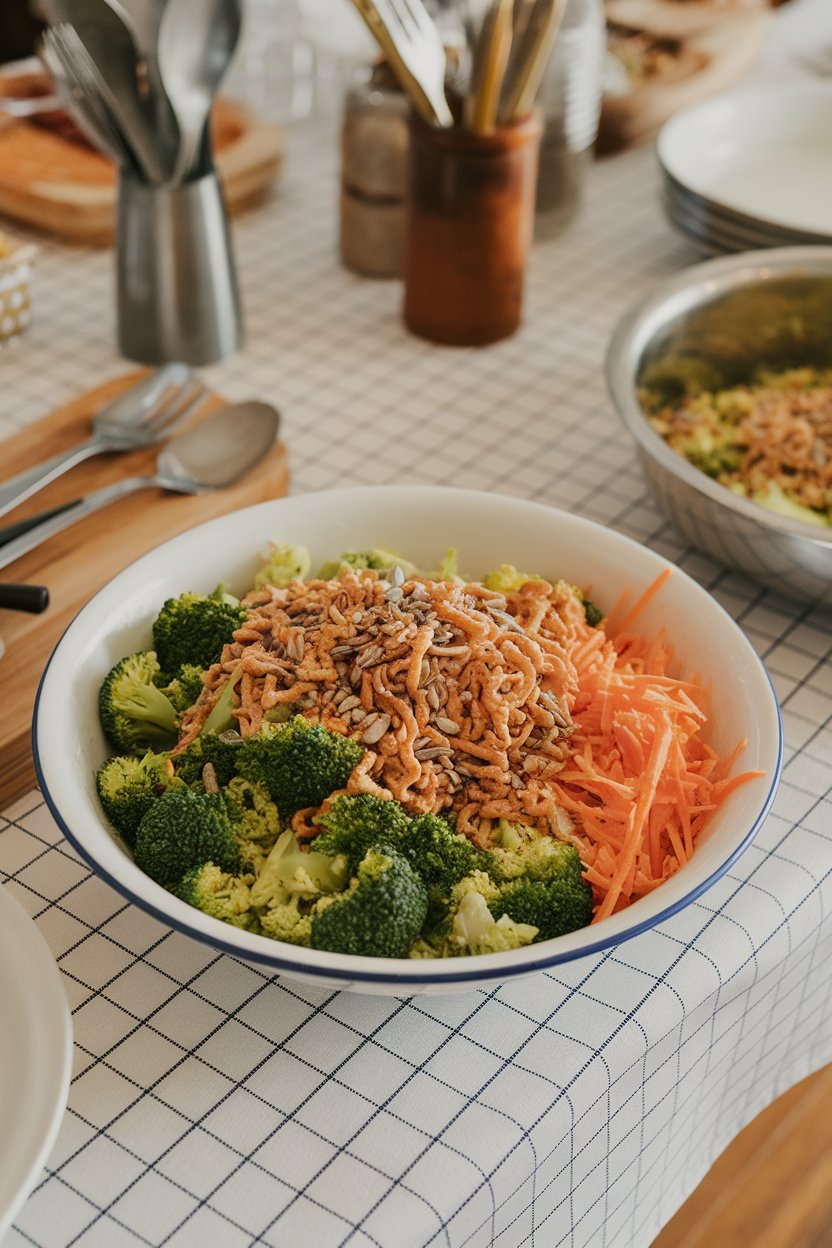 Indoor potluck table with a bowl of chopped broccoli, crushed toasted ramen noodles, shredded carrots, and sunflower seeds in a light dressing. Photo only, no text or logos.