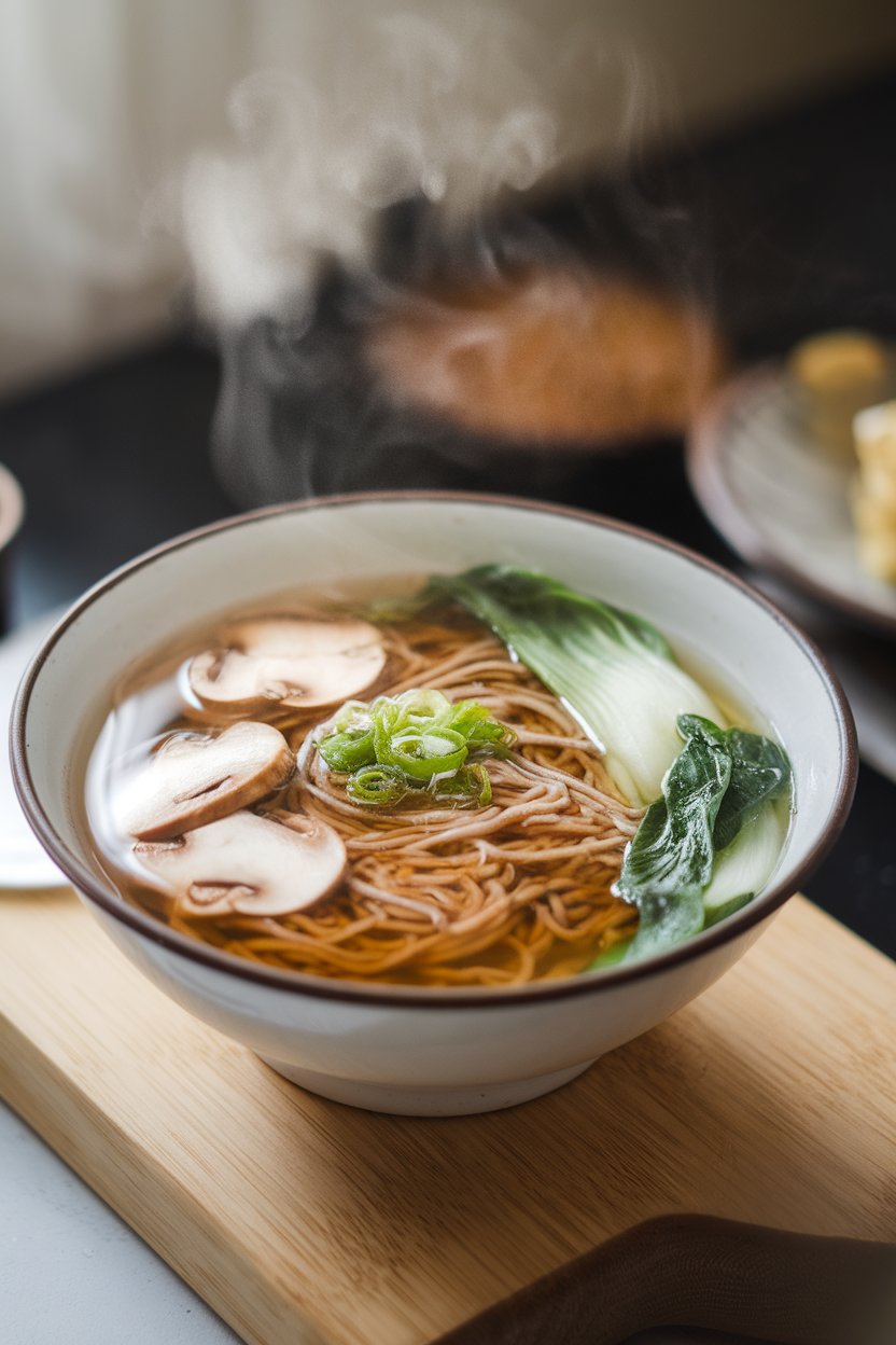 Indoor photo of a bowl of clear broth with soba noodles, sliced mushrooms, and bok choy, steam visible. No text or logos.