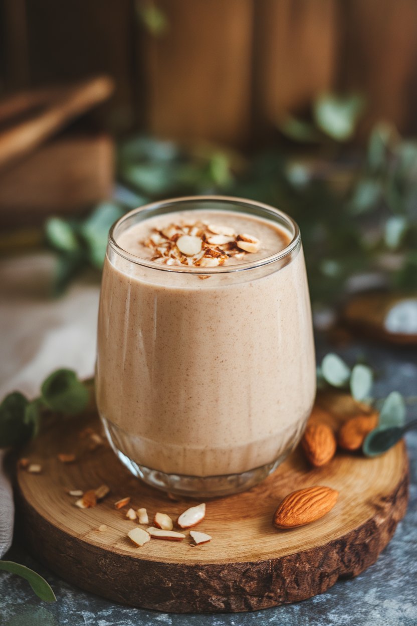 A photo of an indoor smoothie glass filled with creamy beige shake, topped with chopped almonds; no text or logos.