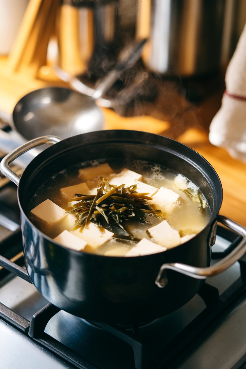 Indoor stovetop photo of a small pot of steaming miso soup with tofu cubes and wakame seaweed floating, ladle partially visible. No text or logos.