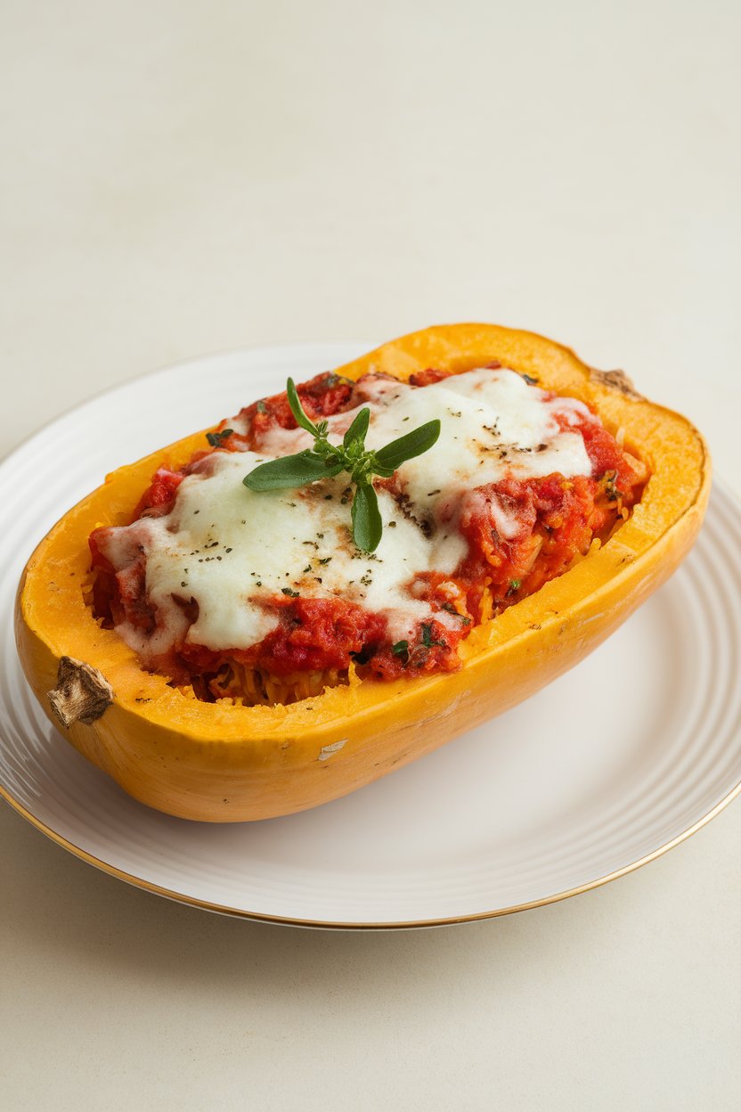 Indoor food photo of spaghetti squash half filled with tomato-herb mixture on a plate; melted mozzarella visible, no text or logos.