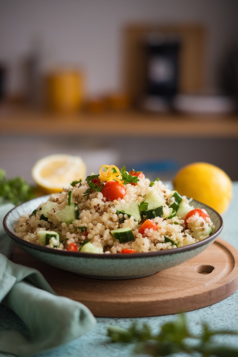 An indoor table set with a shallow bowl of fluffy quinoa tossed with chopped cucumbers, cherry tomatoes, parsley, and lemon zest. No text or logos; photo, not illustration.