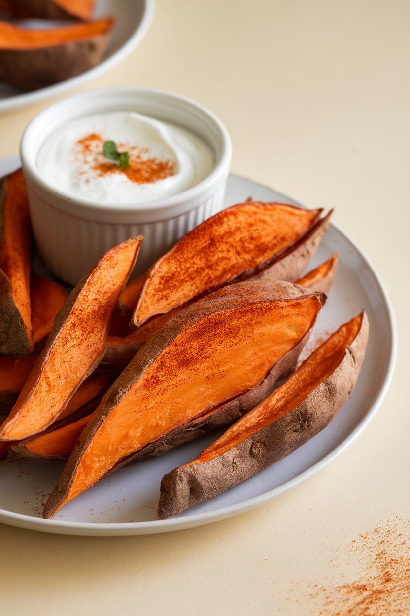 Indoor plate of sweet potato wedges, edges crisp, dusted with smoked paprika, a ramekin of yogurt dip nearby. No text or logos.