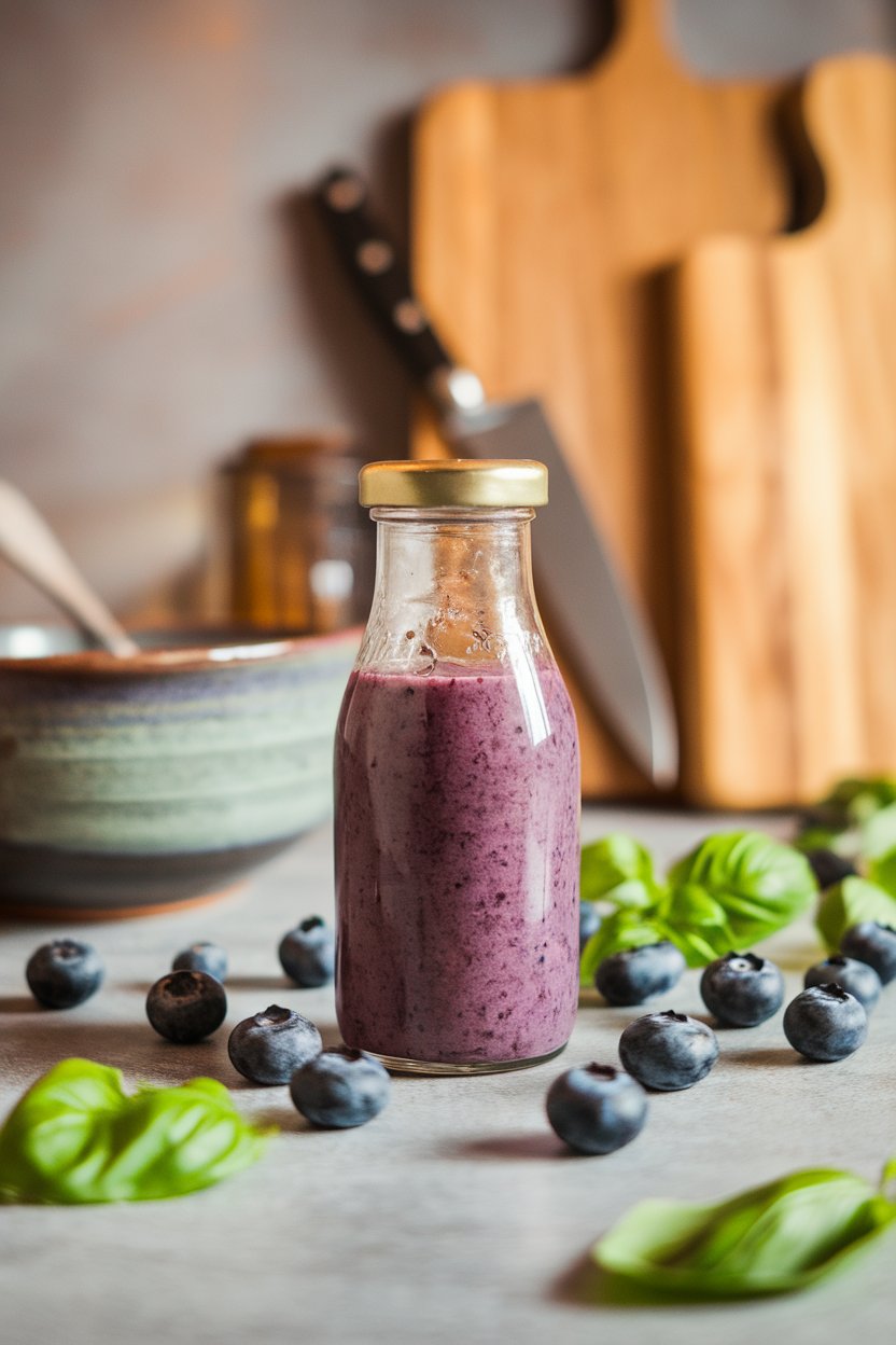 Indoor kitchen lighting on a glass bottle of purple blueberry basil dressing, scattered blueberries and basil leaves around. Photo, not illustration. No text or logos.