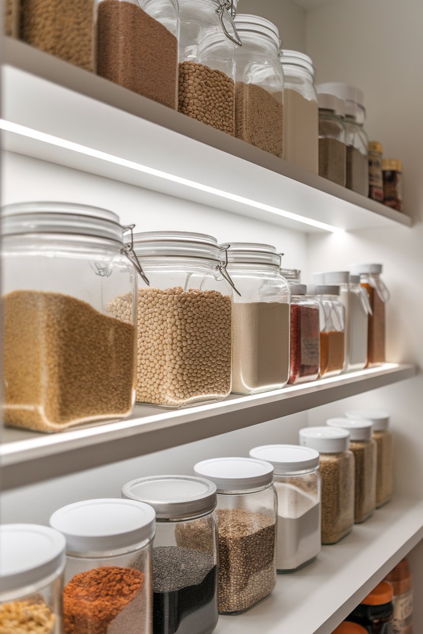 Photo of an indoor pantry shelf neatly lined with beans, whole grains, and spices in clear jars; soft under-shelf lighting; no text or logos.