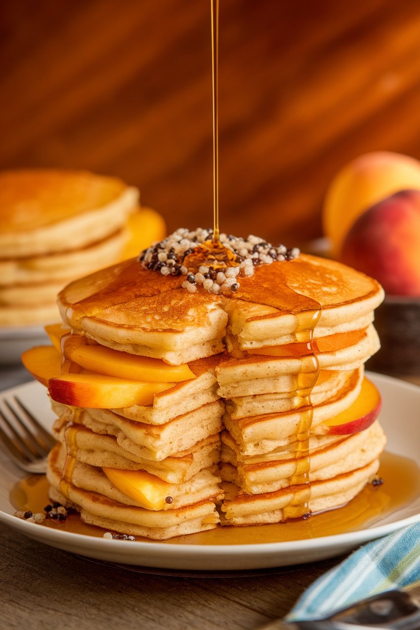 Warm indoor image of golden pancakes with peach slices layered between, sprinkle of quinoa grains on top; photo only.