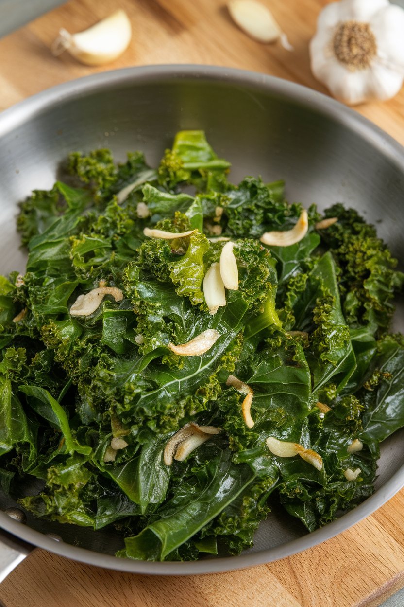 A skillet indoors with bright green sautéed kale glistening with olive oil and garlic slivers, photo, no text or logos.