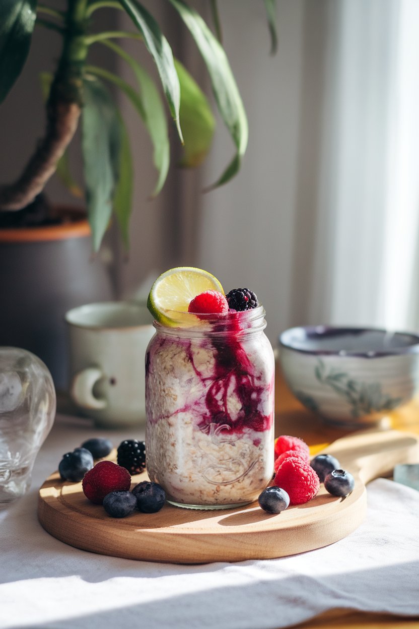 Indoor sunlit table scene with a jar of oats swirled with blackberry juice and topped with a wedge of lime and extra berries. No branding. Photo not illustration.