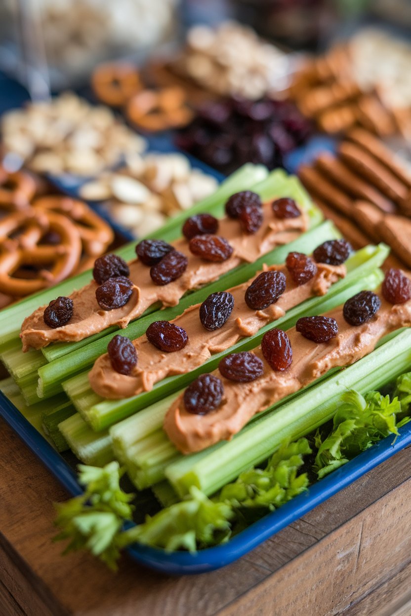 Indoor snack tray lined with celery stalks filled with creamy peanut butter and dotted with raisins. No text or logos, photo not illustration.