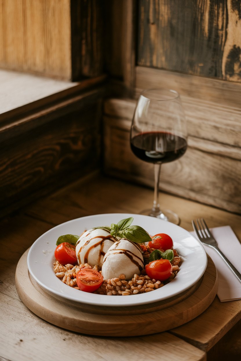 Indoor bistro scene with a plate of mozzarella, cherry tomatoes, basil, and farro tossed in balsamic glaze. No text or logos, photo not illustration.