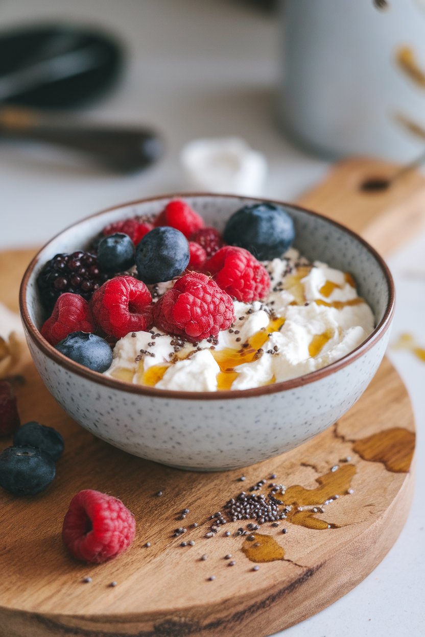 An indoor breakfast bowl of cottage cheese topped with mixed berries, chia seeds, and a drizzle of honey; no text or logos; photo.