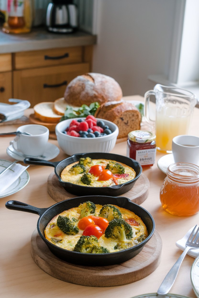 An indoor brunch table featuring small cast-iron skillets with colorful frittatas showing broccoli florets and cherry tomato halves on top. No text or logos. Photo.
