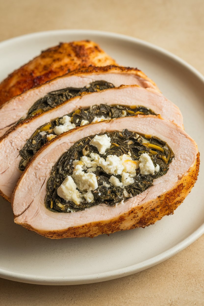 A sliced chicken breast indoors revealing a colorful spinach and feta filling, resting on a white plate; no text or logos.