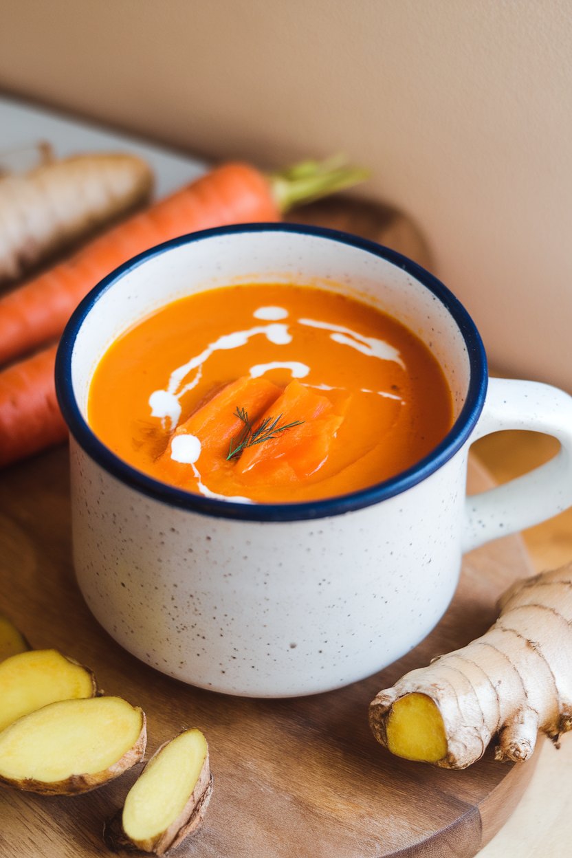 Indoor soup mug filled with bright orange carrot ginger soup, thin drizzle of coconut milk on top. No text or logos visible.