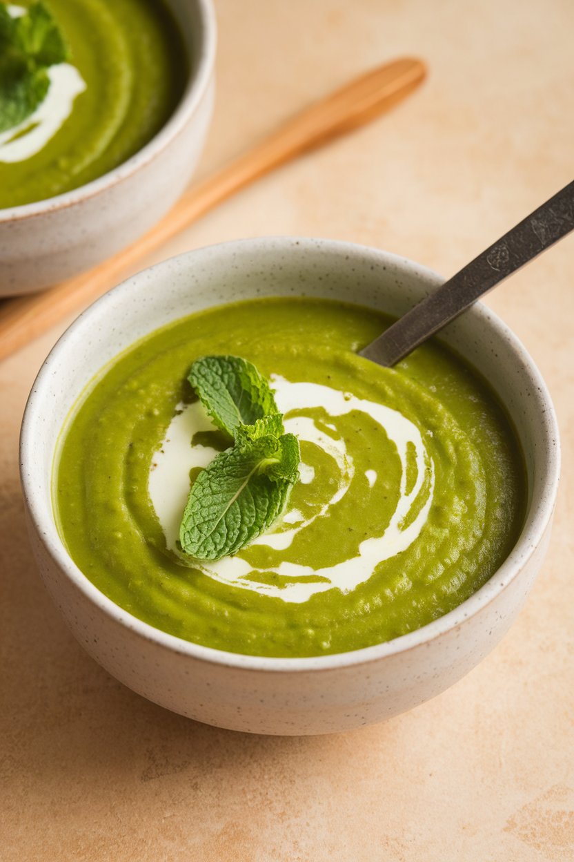 Indoor food photo of bright green pea soup in a modern bowl, mint leaves floating; no text or logos.