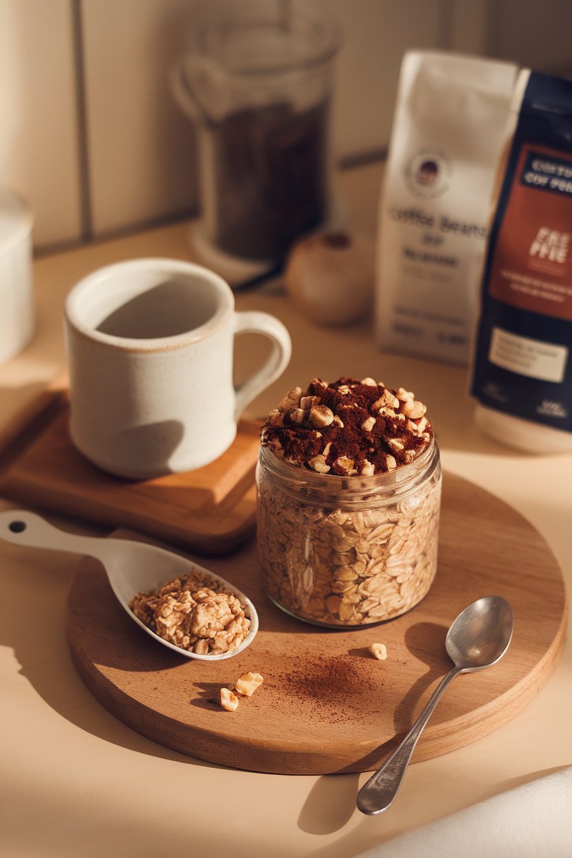 A softly lit indoor coffee station scene with a jar of cocoa-tinted oats topped with crushed hazelnuts and a dusting of espresso powder. No visible branding or text. Photo, not illustration.