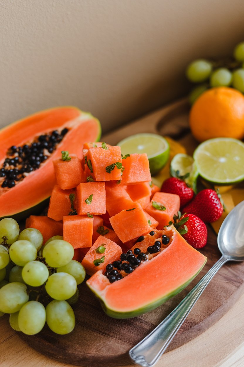 Indoor fruit platter with ripe papaya cubes sprinkled with a squeeze of lime. No branding or text visible. Photo.