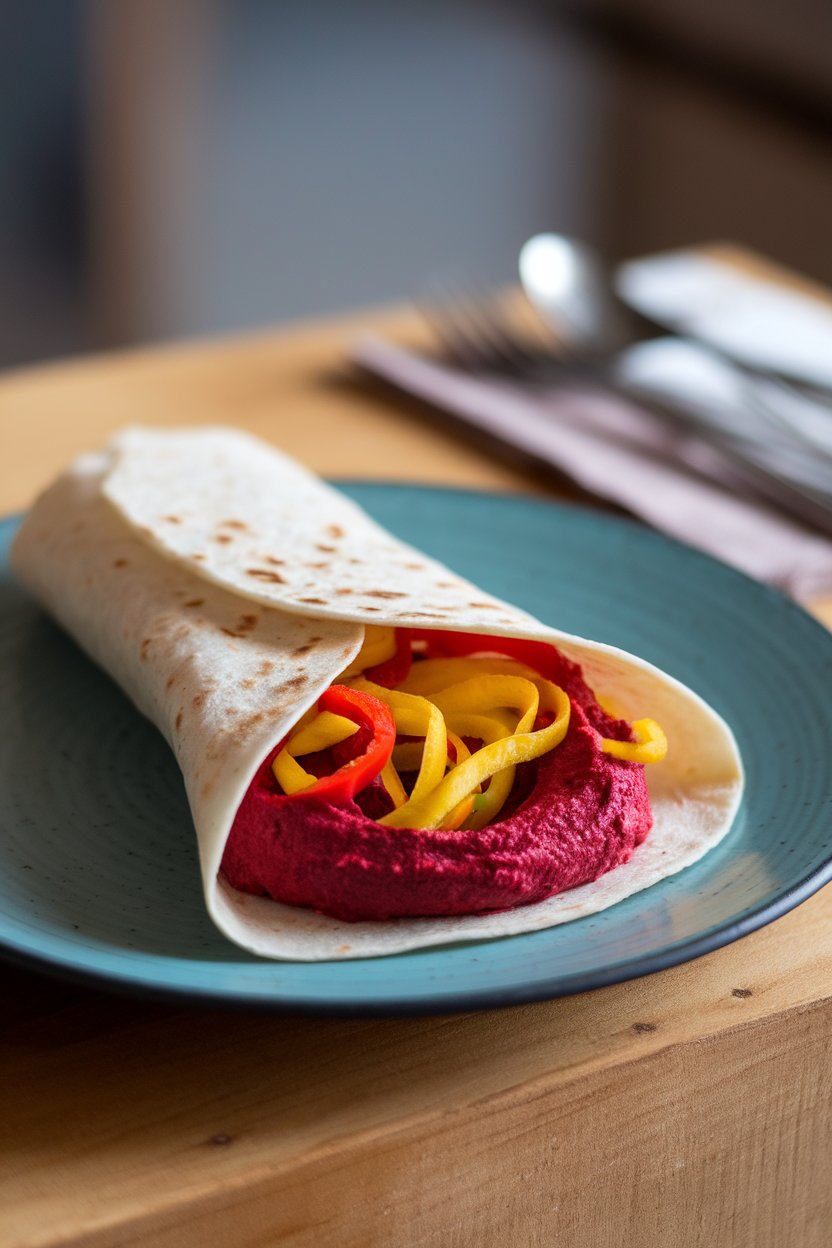 Indoor plate featuring an open wrap with red pepper, yellow squash ribbons, and beet hummus, bursting with color. No logos or text.