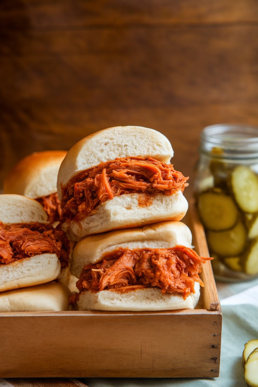 An indoor tray of small buns stuffed with saucy pulled jackfruit and a side of pickles; photo only, no text or logos.
