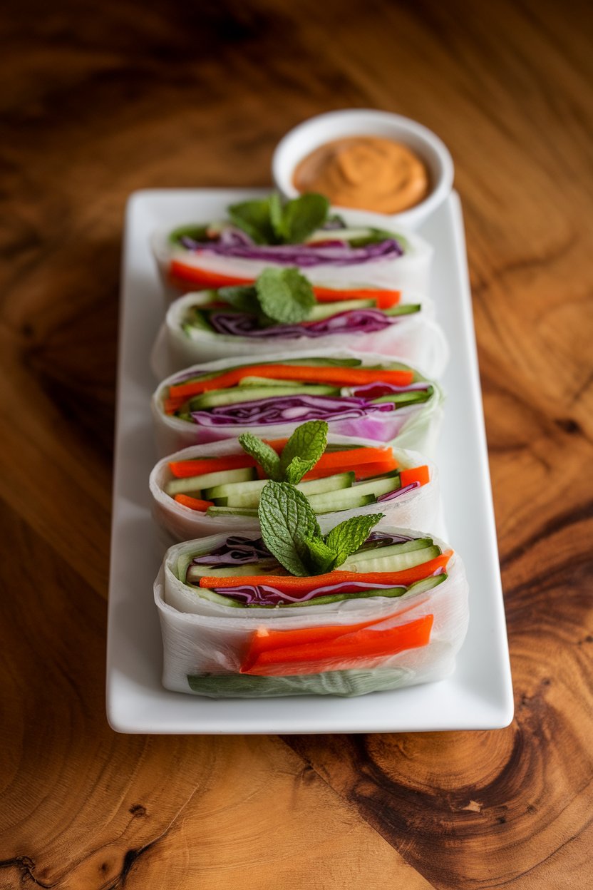 Indoor photo of assembled rice paper rolls stuffed with julienned bell peppers, purple cabbage, cucumber, and mint, next to a small dish of peanut sauce. No logos or text.