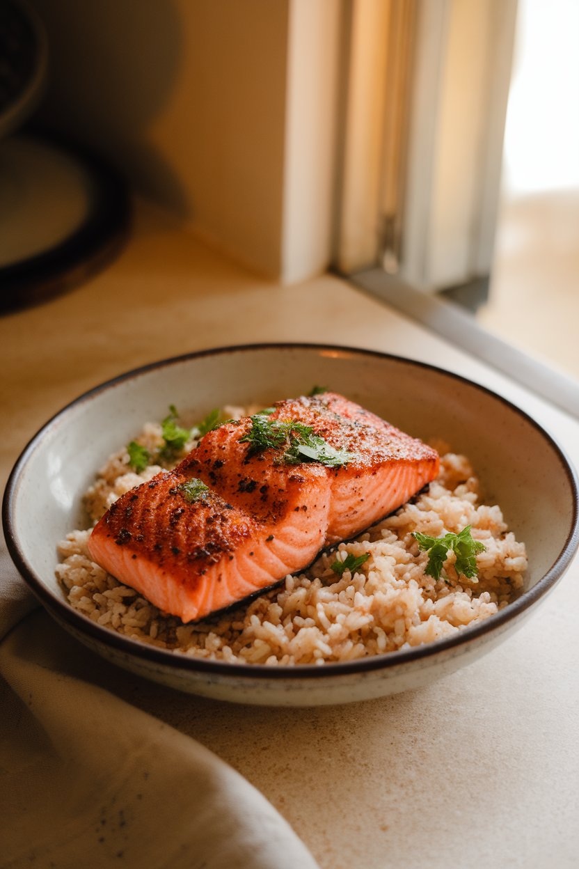A warmly lit indoor countertop showing a shallow bowl of seared Cajun-spiced salmon over fluffy brown rice, garnished with chopped parsley. No brand names, text, or logos anywhere in the frame.