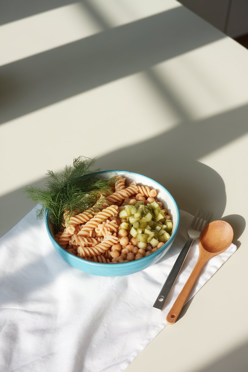 A brightly lit indoor counter with a bowl of rotini, chickpeas, chopped dill pickles, and fresh dill; no text or logos.