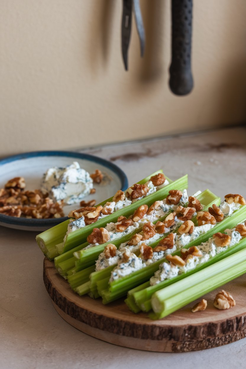 Celery sticks filled with blue cheese spread and sprinkled with chopped walnuts indoors. No text or logos. Photo.