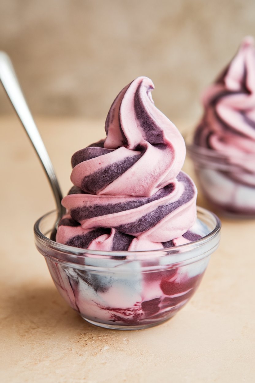 Indoor photo of swirled frozen kefir berry soft serve in a small bowl with spoon. No text or logos.