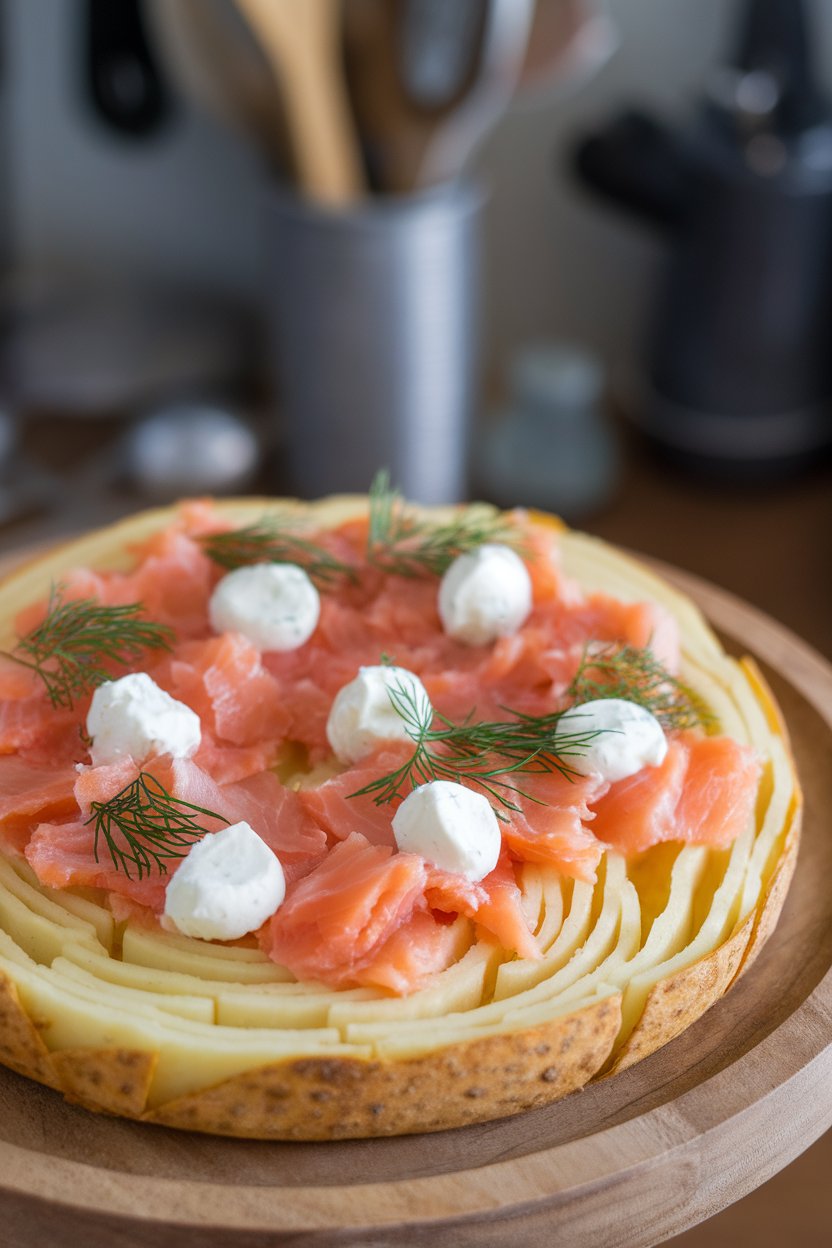 Indoor photo of spiraled potato crust pizza topped with cooked salmon flakes, cream cheese dots, and dill on a wooden plate, no text or logos